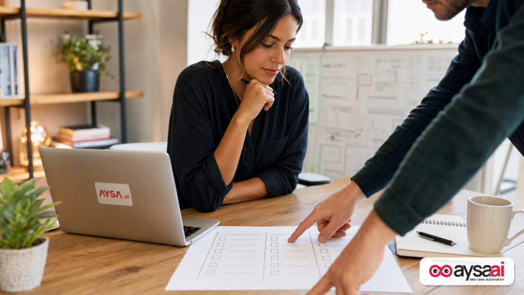 A marketer and colleague reviewing an execution checklist for search improvements.