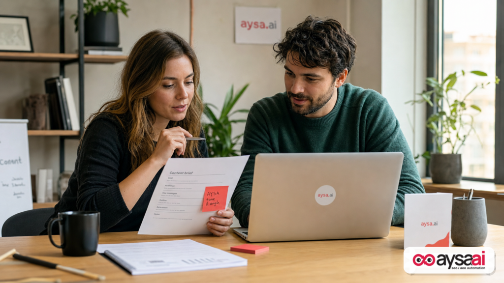 A marketer and developer collaborating on a content brief and a website update workflow.