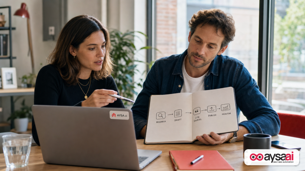 A marketer and developer mapping an AI workflow for content and monitoring.