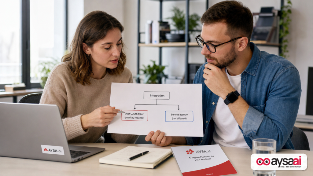 A marketer and developer reviewing a simple authentication flowchart comparing user OAuth token creation and service-account automation.