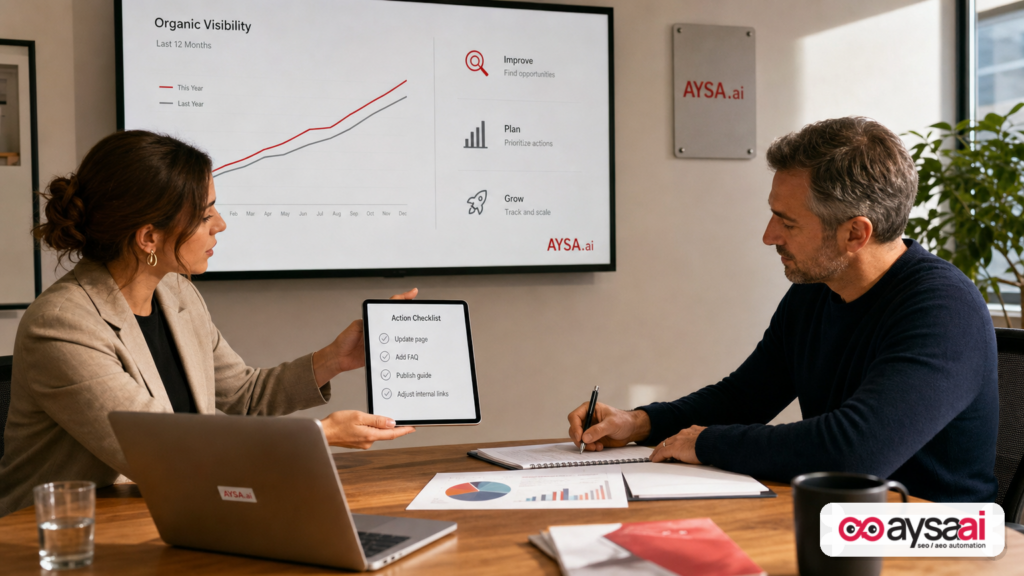 A marketer and founder reviewing an action checklist tied to trend comparison and approving website changes.
