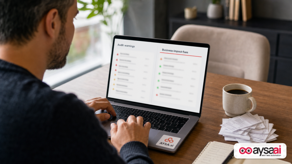 A marketer compares audit warnings against a prioritized list of business-impact technical SEO fixes.