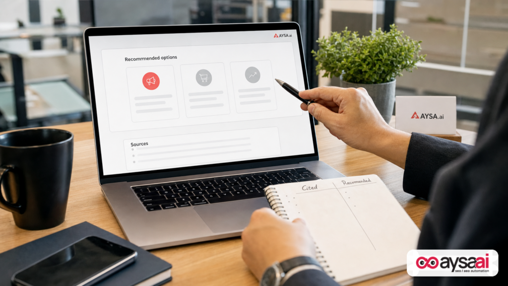 A marketer comparing AI search citations versus recommendations on a laptop with a two-column notepad.