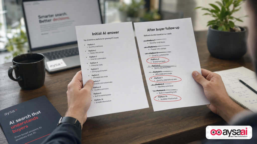 A marketer comparing an initial AI vendor list to a shorter list after a follow-up question.