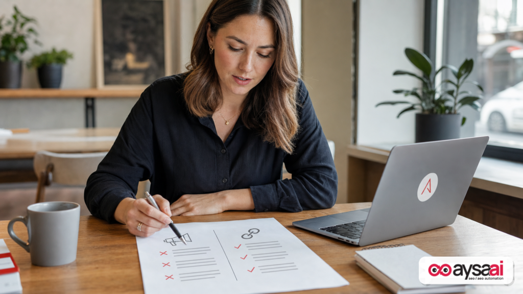 A marketer comparing mass link outreach with editorial citations on a printed worksheet.