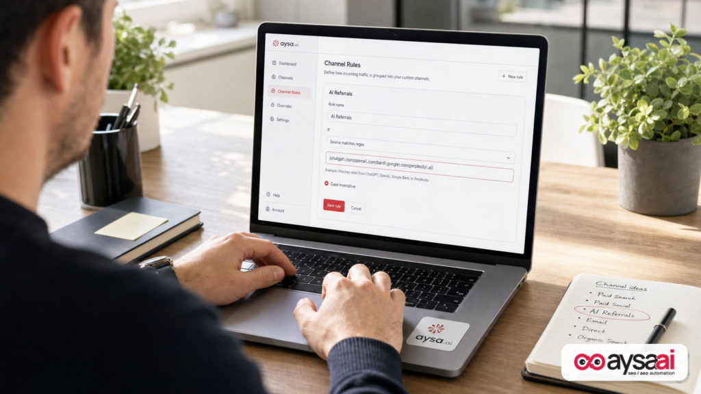 A marketer creates a channel rule to group AI referrals by traffic source.
