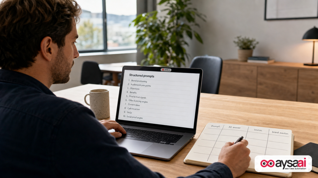 A marketer documenting prompt tests to measure AI search visibility and sources.