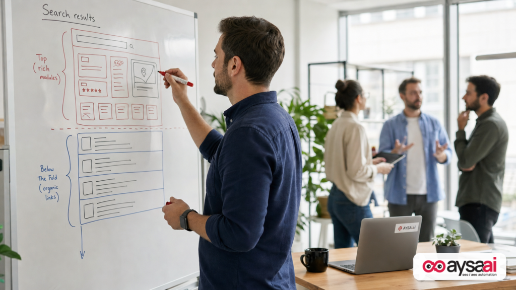 A marketer drawing a simplified search results page layout with rich modules above organic links.