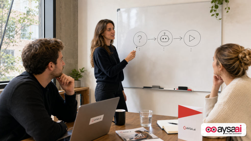 A marketer explaining a simple funnel from question to AI answer to selected video on a whiteboard.