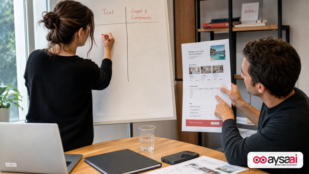A marketer explains the difference between page text and page layout/components to a business owner using a whiteboard and a webpage mockup.