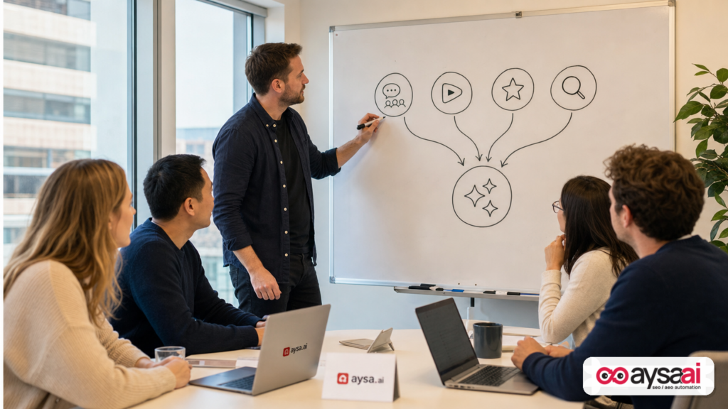A marketer mapping how forums, reviews, video, and search touchpoints collapse into a single AI-generated answer.