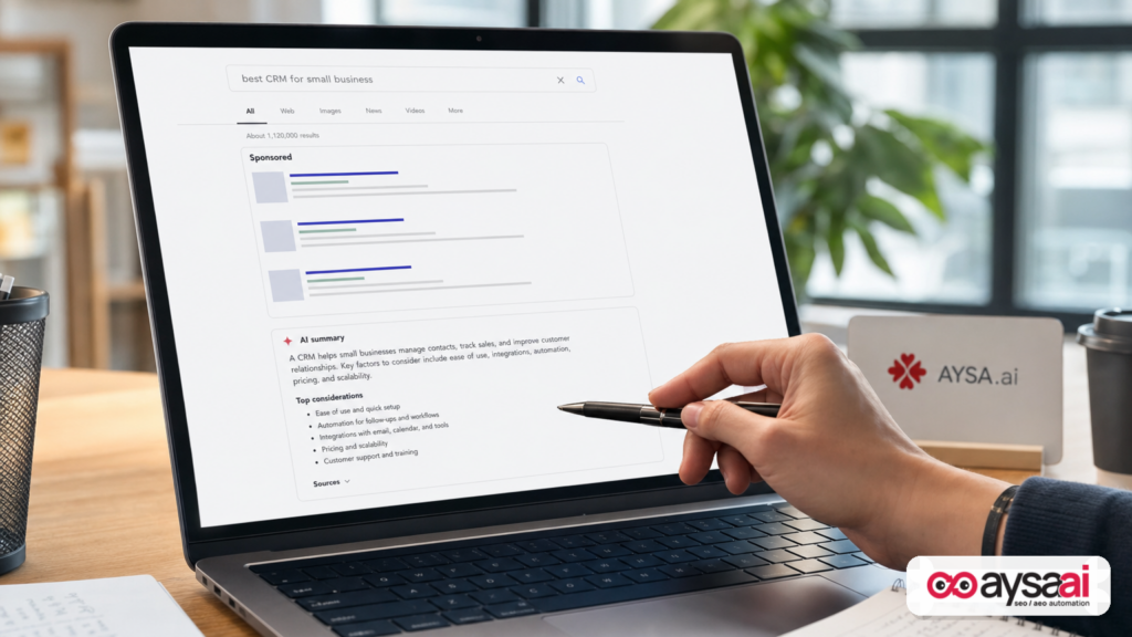 A marketer pointing to an AI-style summary card shown beneath a sponsored search listing on a laptop screen.