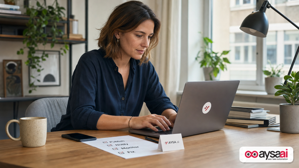 A marketer preparing a publish-notify-monitor workflow checklist at a desk.