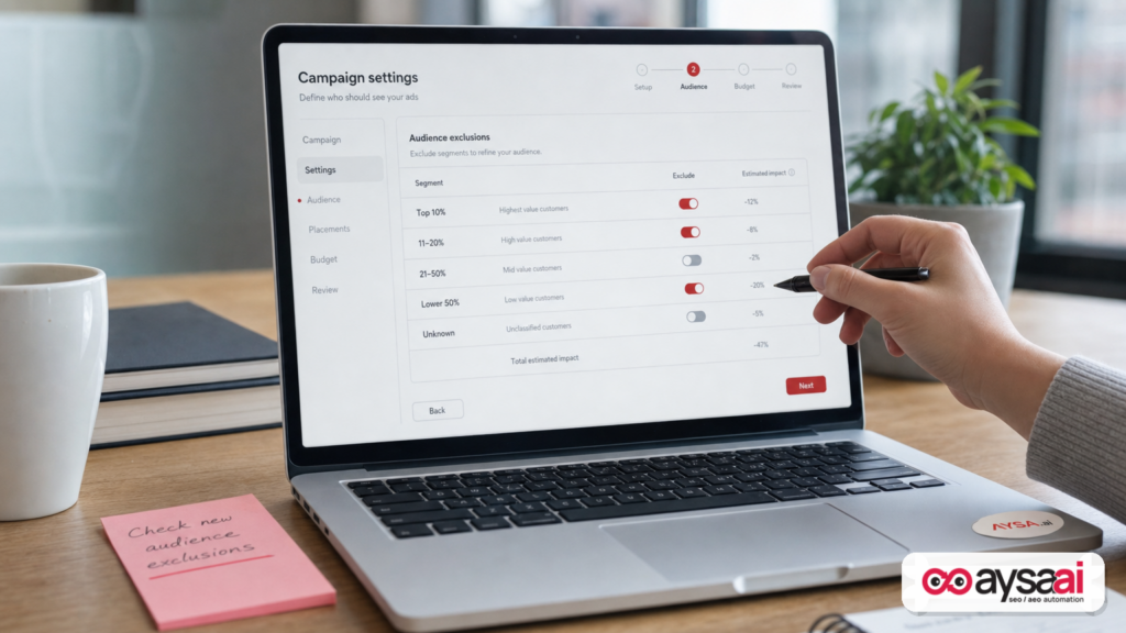 A marketer reviewing campaign settings with household income segment exclusions on a laptop screen.