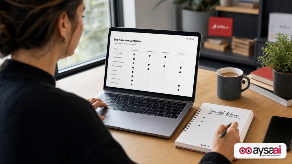 A marketer reviews a generic comparison page with a feature table on a laptop.
