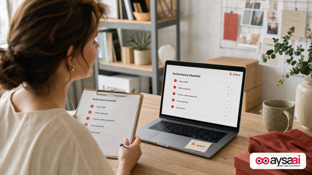 A marketer reviews a webpage clarity and performance checklist next to a laptop.