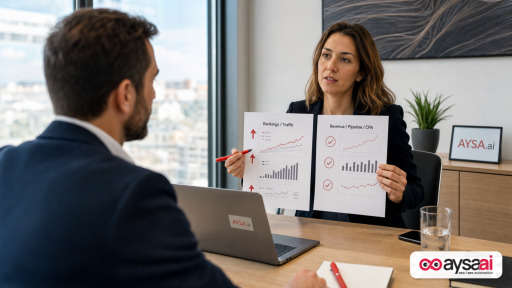 A marketer shows an executive two reporting sheets comparing rankings metrics versus revenue and pipeline metrics.