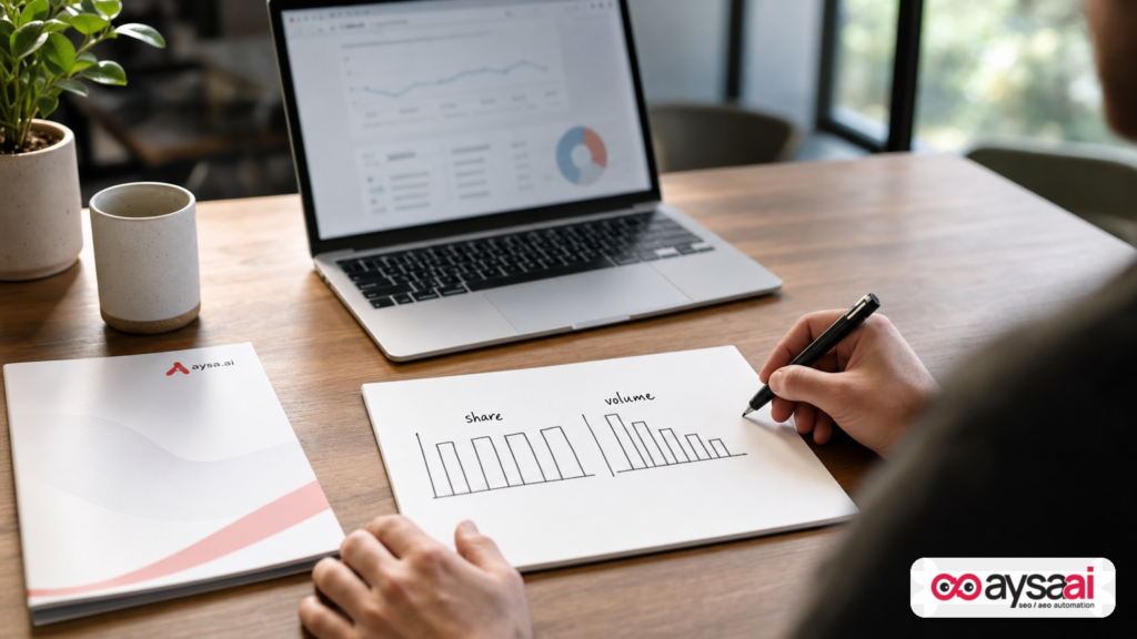 A marketer sketches share versus volume on paper next to a laptop, illustrating how volume can fall even when share looks stable.