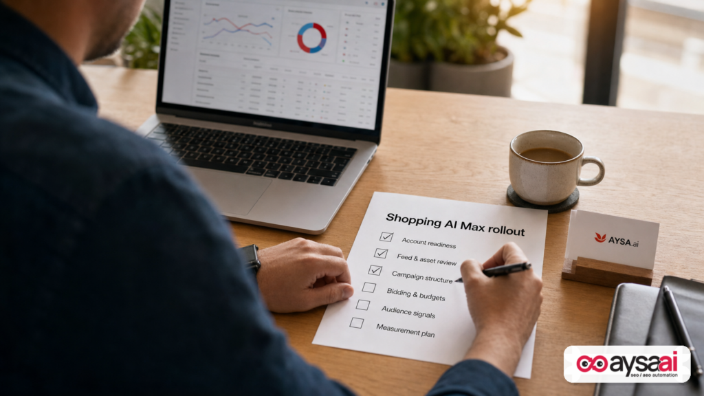 A marketer’s checklist for rolling out AI Max in Shopping campaigns next to a laptop.