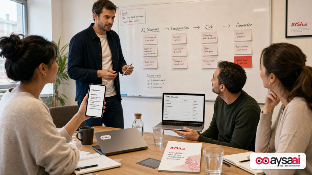 A marketing team mapping how AI discovery impacts clicks and conversions across a customer journey funnel.