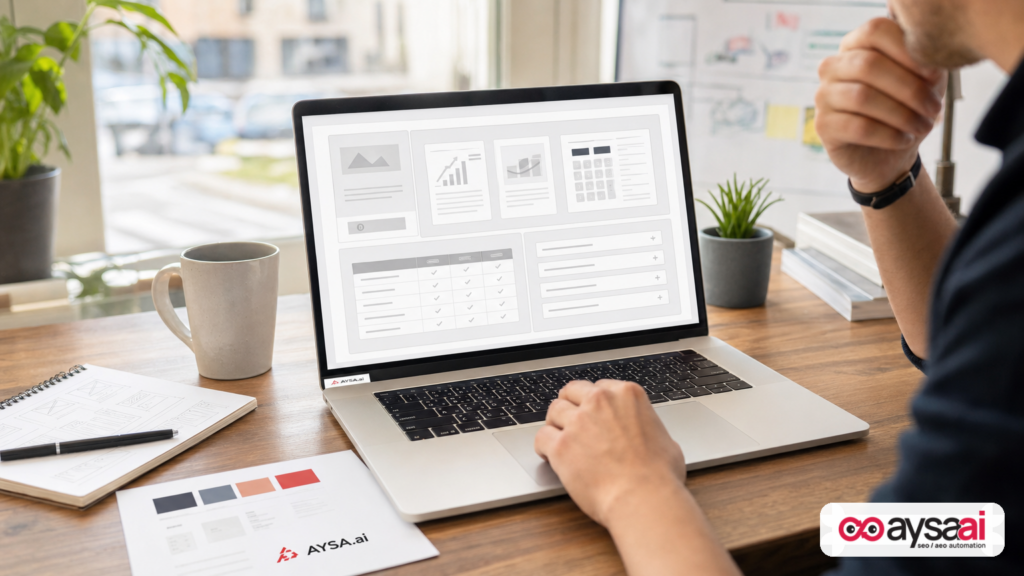 A modular webpage wireframe with cards, table, and an interactive calculator module on a laptop.