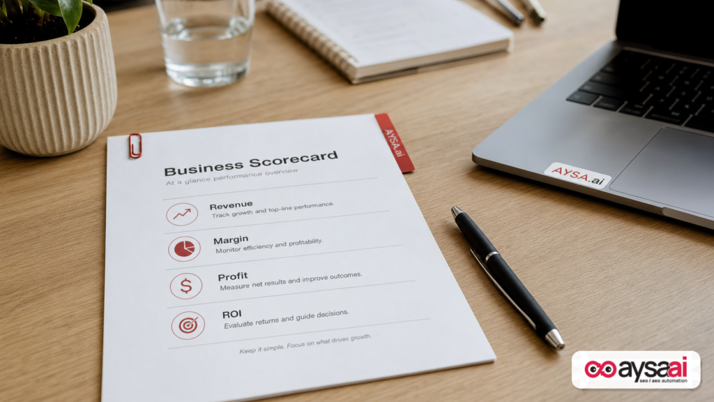 A one-page SEO scorecard focused on revenue, margin, profit, and ROI.