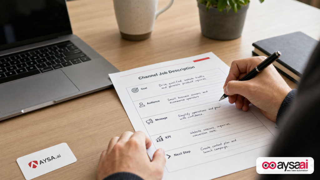 A one-page channel job description worksheet being filled out on a desk.