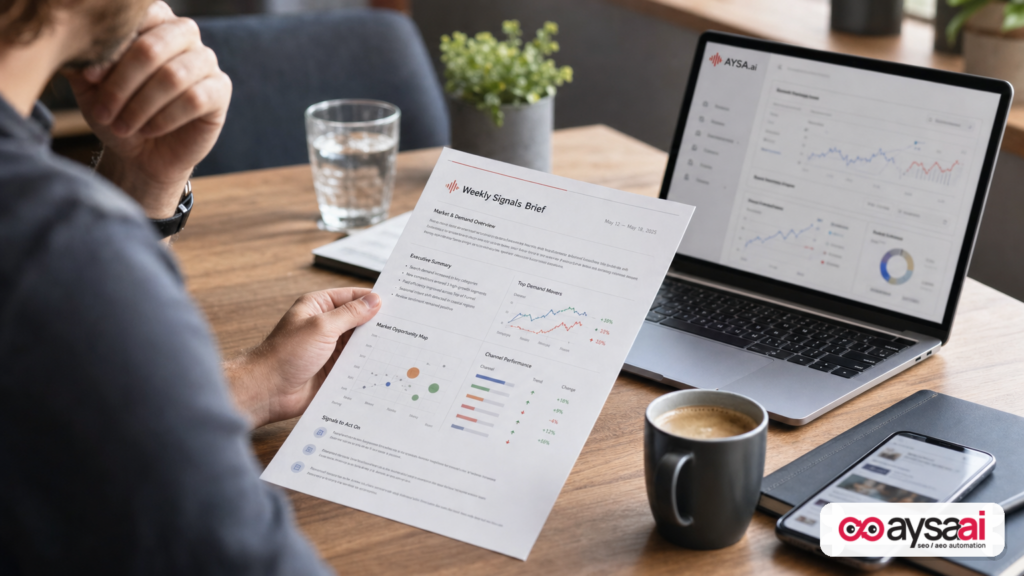 A one-page weekly signals brief next to a laptop, showing an agency arriving prepared with market intelligence.