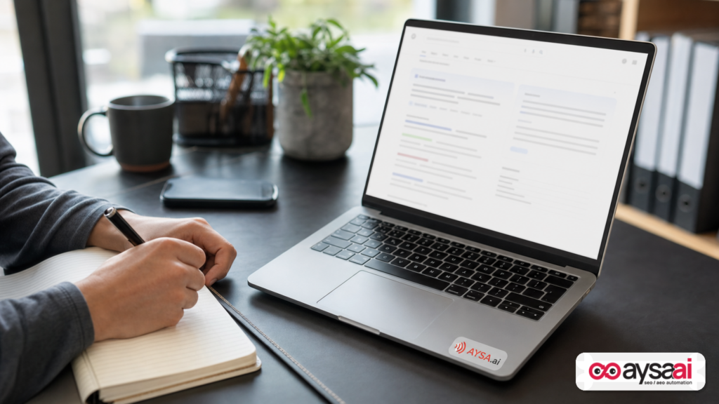 A person reviewing a search results page with an AI summary-style card at the top and taking notes.
