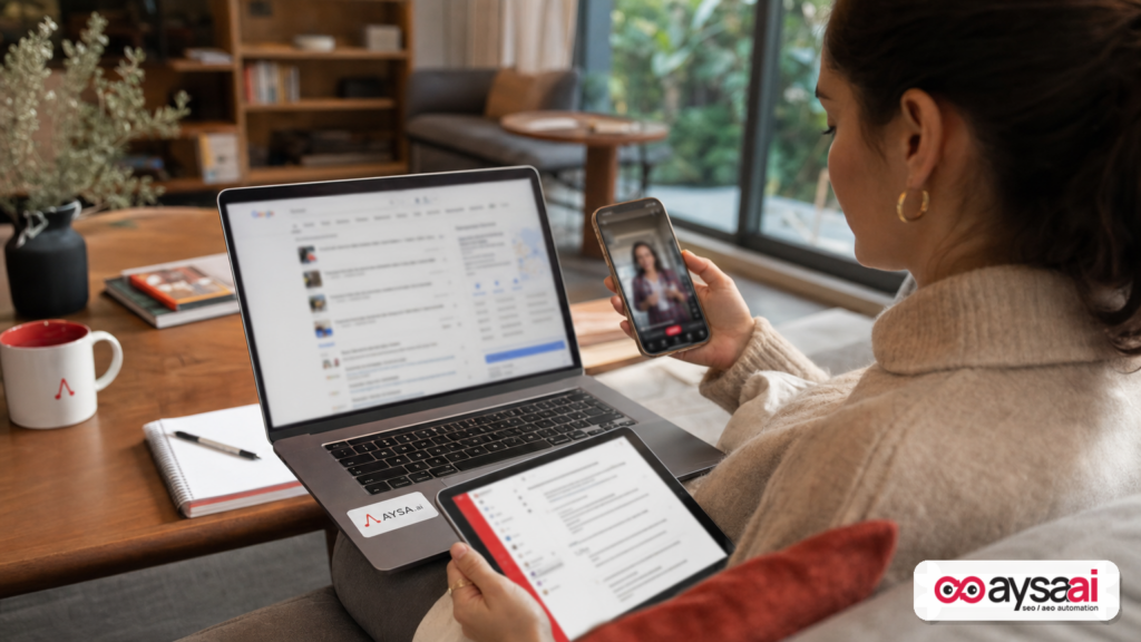 A person uses a laptop, phone, and tablet to research a purchase across search, AI chat, and social apps.
