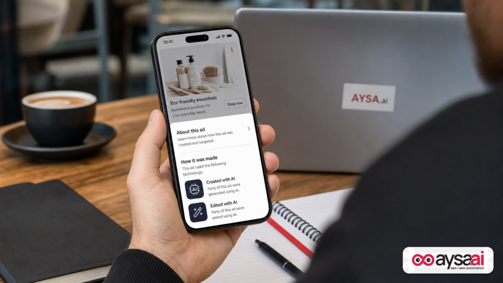 A person viewing an ad info panel on a phone showing a generic “How it was made” disclosure with AI icons.