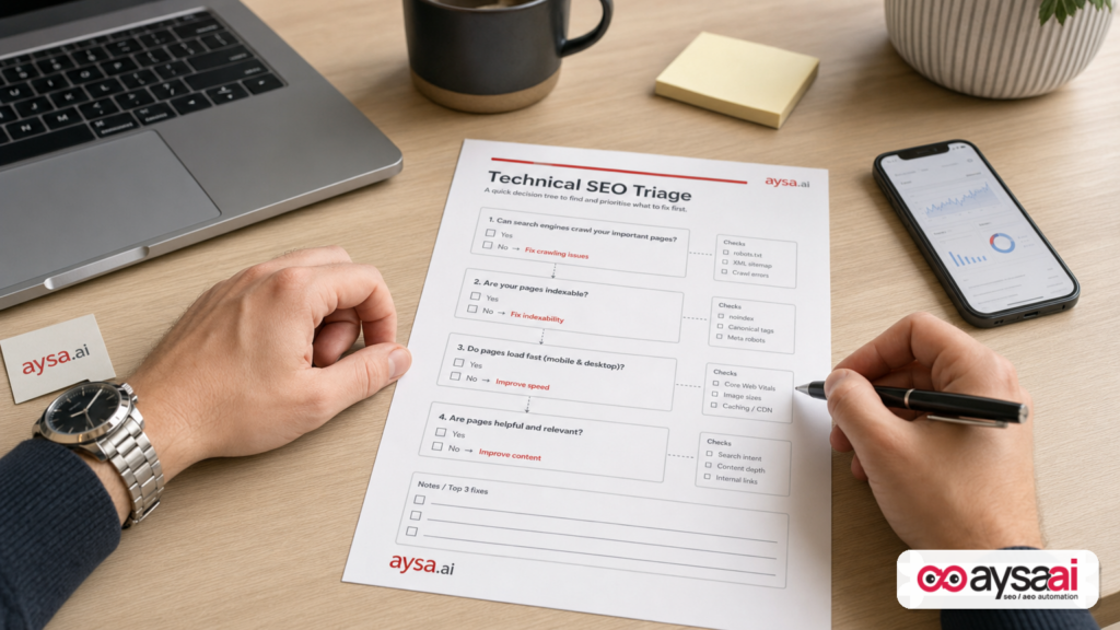 A printed technical SEO triage worksheet used to decide what to fix now versus later.