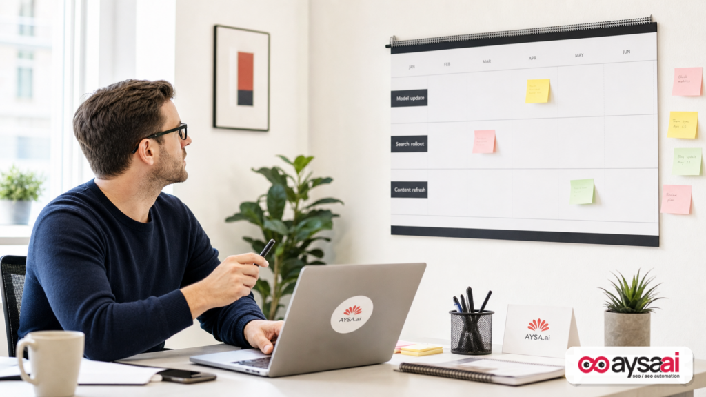 A release calendar and planning notes for AI search updates in a marketing team workspace.