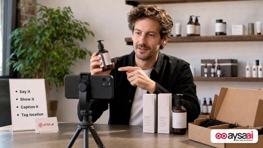 A shop owner filming a product demo with notes for spoken keywords, visuals, captions, and location tagging.