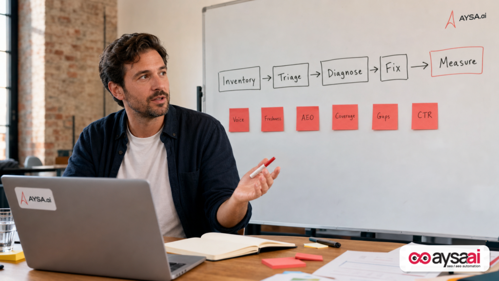 A simple content audit workflow sketched on a whiteboard with sticky notes for voice, freshness, AEO, coverage, and gaps.