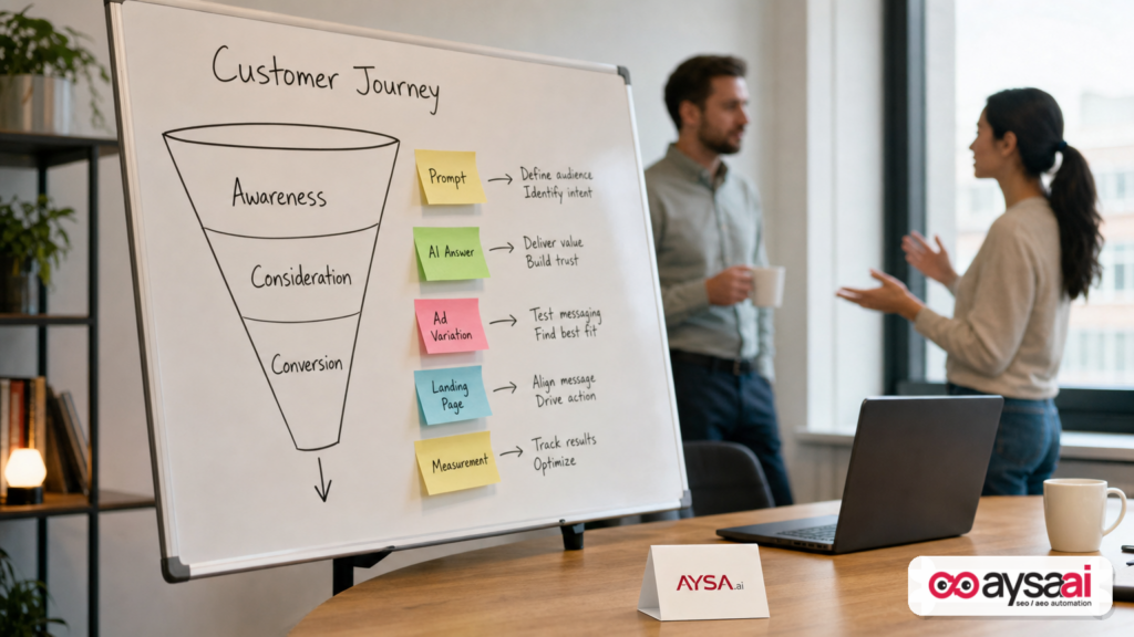 A simple funnel sketch showing prompts, AI answers, ad variations, landing pages, and measurement.