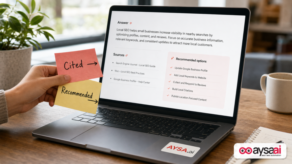 A simplified AI answer mockup showing that sources cited and brands recommended can differ.