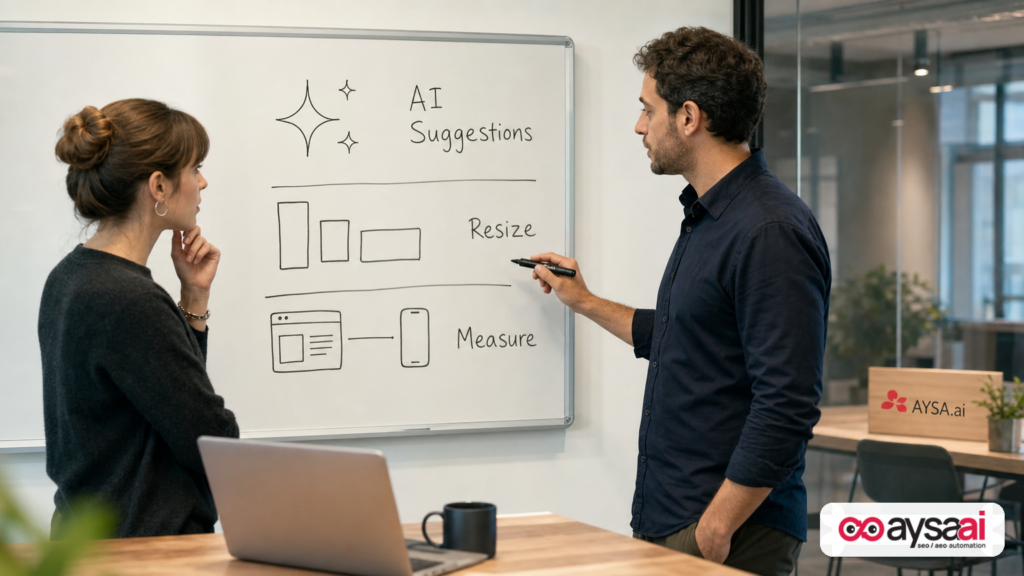 A small business marketing team reviews a whiteboard showing AI creative suggestions, multi-format video resizing, and web-to-app measurement concepts.