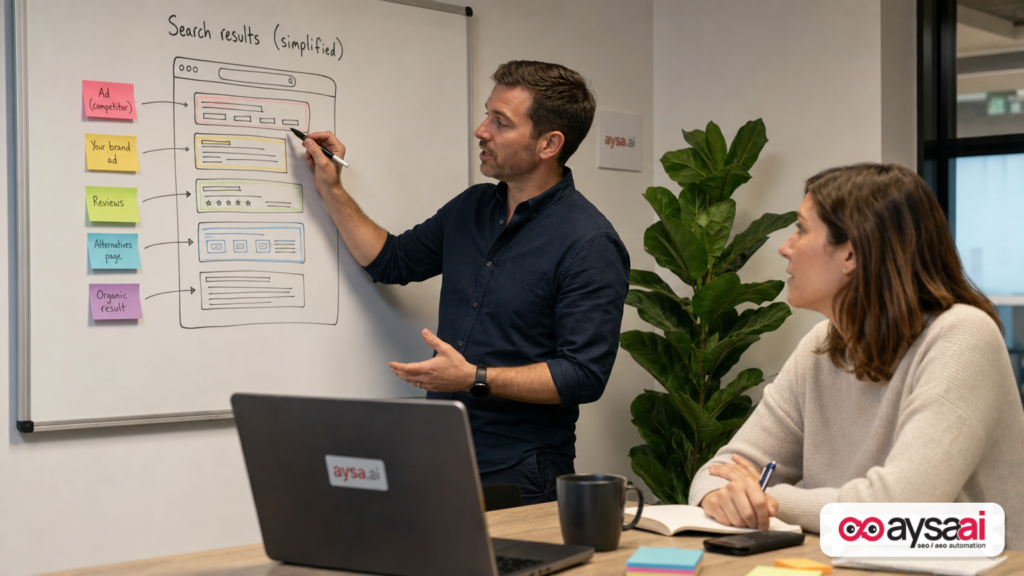 A small business owner and marketer map a branded search results page with ads and alternatives on a whiteboard.