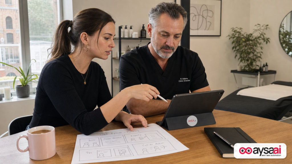A small business owner and marketer planning Q&A video podcast episodes from a content calendar.