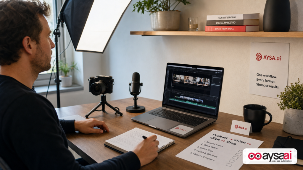A small business podcast setup showing video-first production tools alongside a publishing checklist.