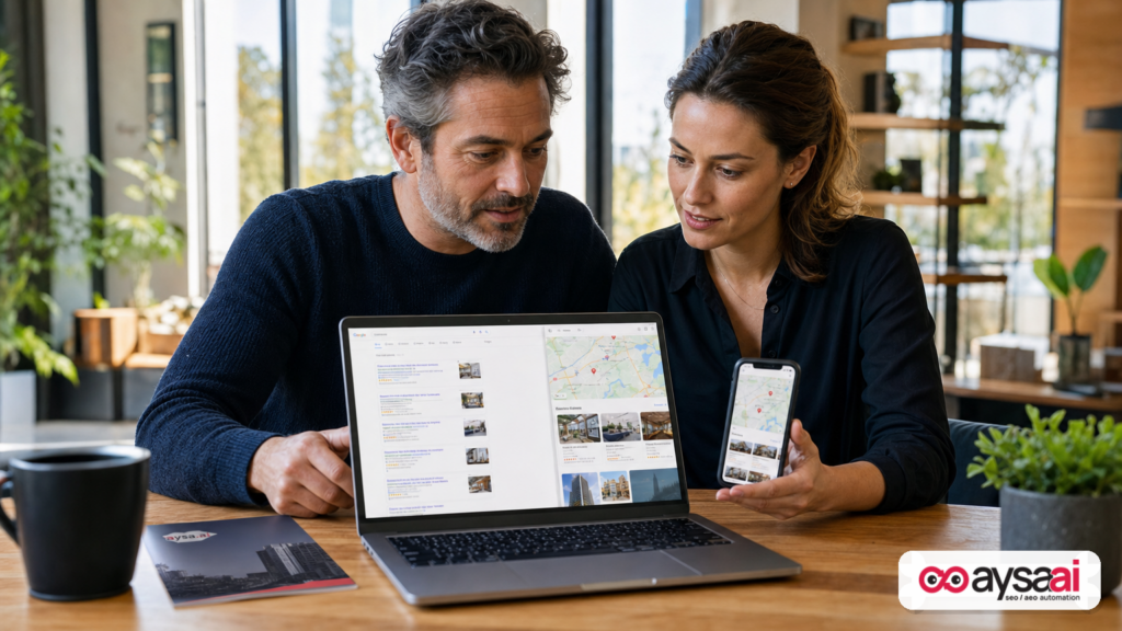 A small business team comparing search results and map-style results on a laptop and phone, illustrating attention staying on-platform.