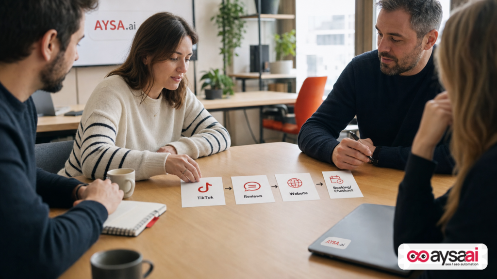 A small business team mapping a customer discovery journey from TikTok to reviews to website to purchase.