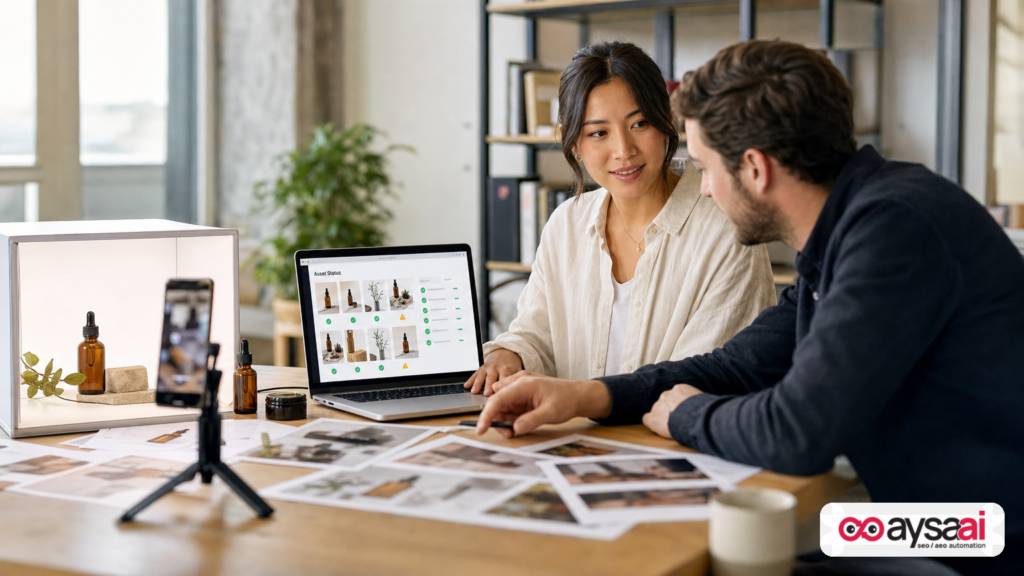 A small business team preparing ad images and short videos to prevent missing-asset issues in campaigns.
