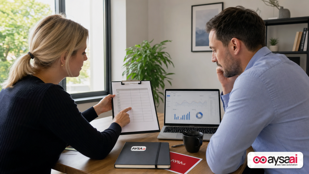 A small business team reviews a weekly measurement checklist next to a laptop with analytics charts.
