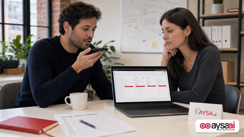 A small business team using an AI assistant to compare pricing plans on a laptop.