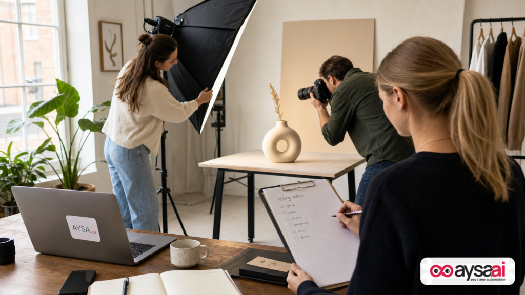 A small team documenting product testing and notes for original content.
