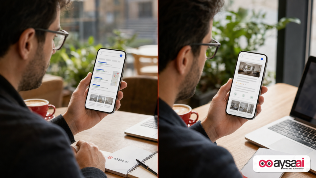 A split scene showing classic search results comparison versus a single AI answer card for a local business query.