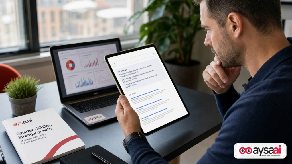 A tablet displaying a generic search results page with an AI summary area reducing visible results.