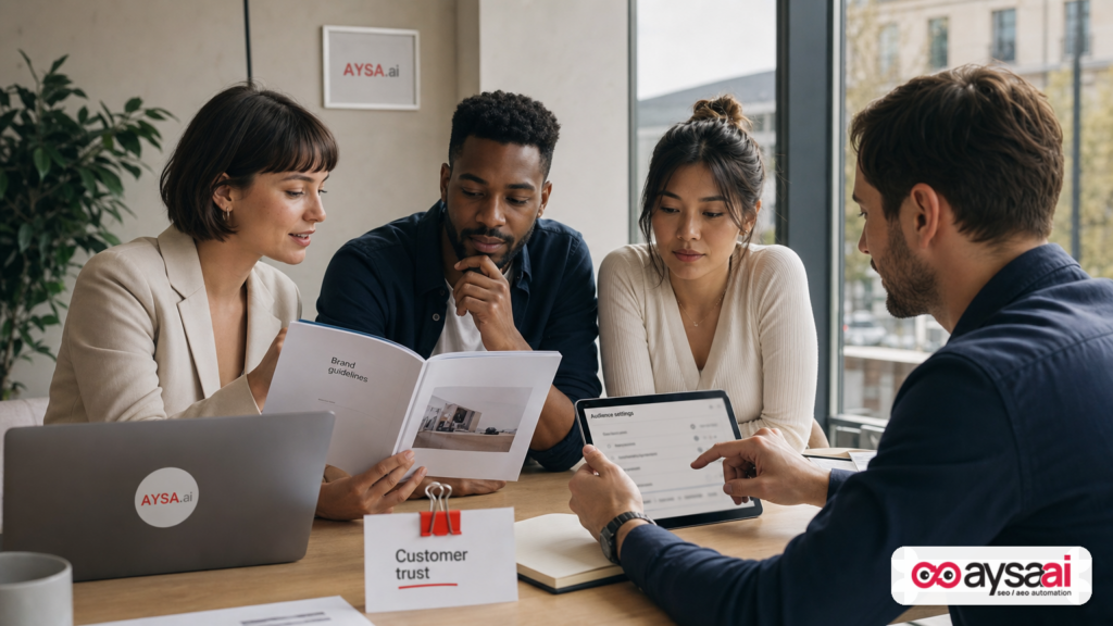 A team discussing customer trust and audience targeting policies at a conference table.